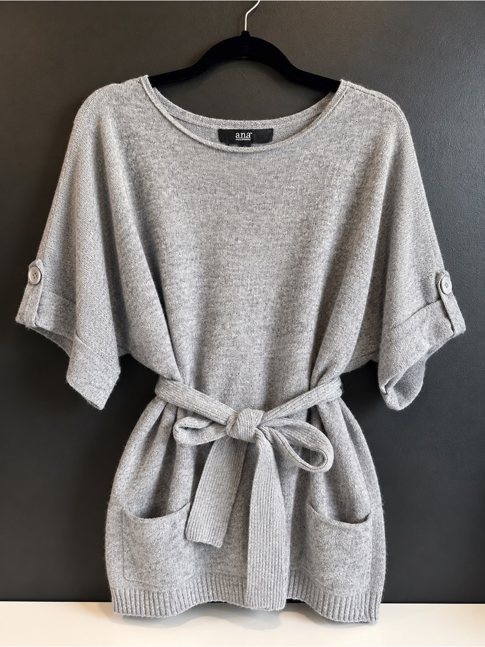 a.n.a. Women’s M Gray Angora Wool Belted Sweater Tunic Dolman Sleeve Pockets
